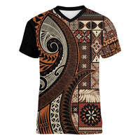 Vintage Samoa Siapo Mamanu Women V-Neck T-Shirt Brown Samoan Tapa Motif - Polynesian Pride