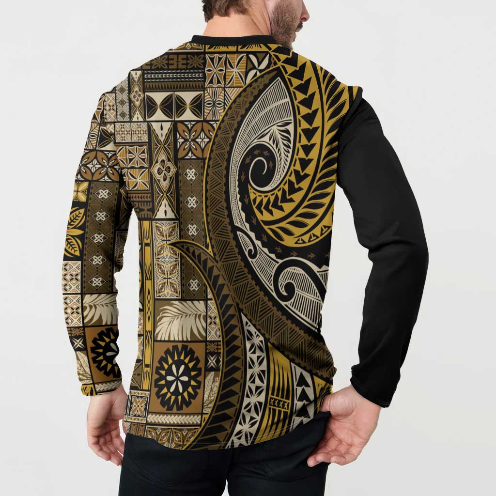 Vintage Samoa Siapo Mamanu Button Sweatshirt Gold Samoan Tapa Motif - Polynesian Pride