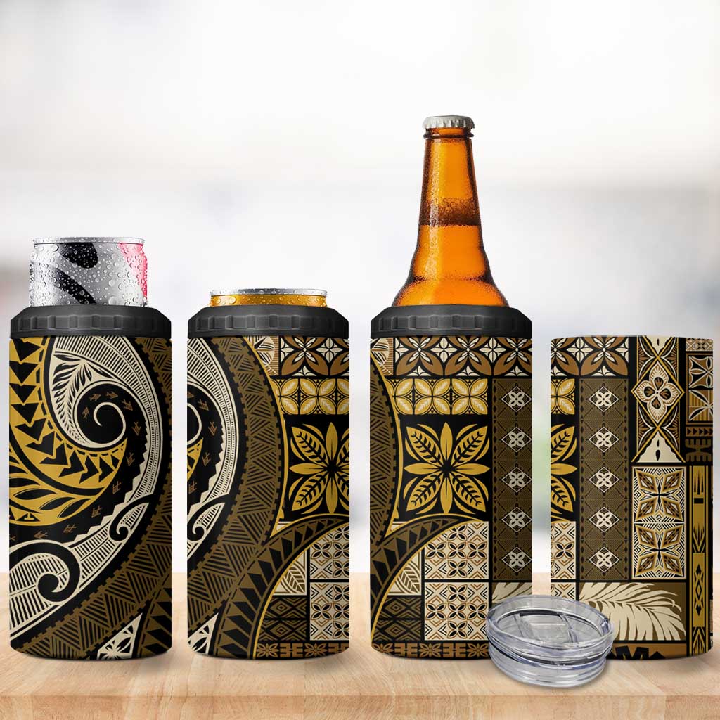 Vintage Samoa Siapo Mamanu 4 in 1 Can Cooler Tumbler Gold Samoan Tapa Motif - Polynesian Pride