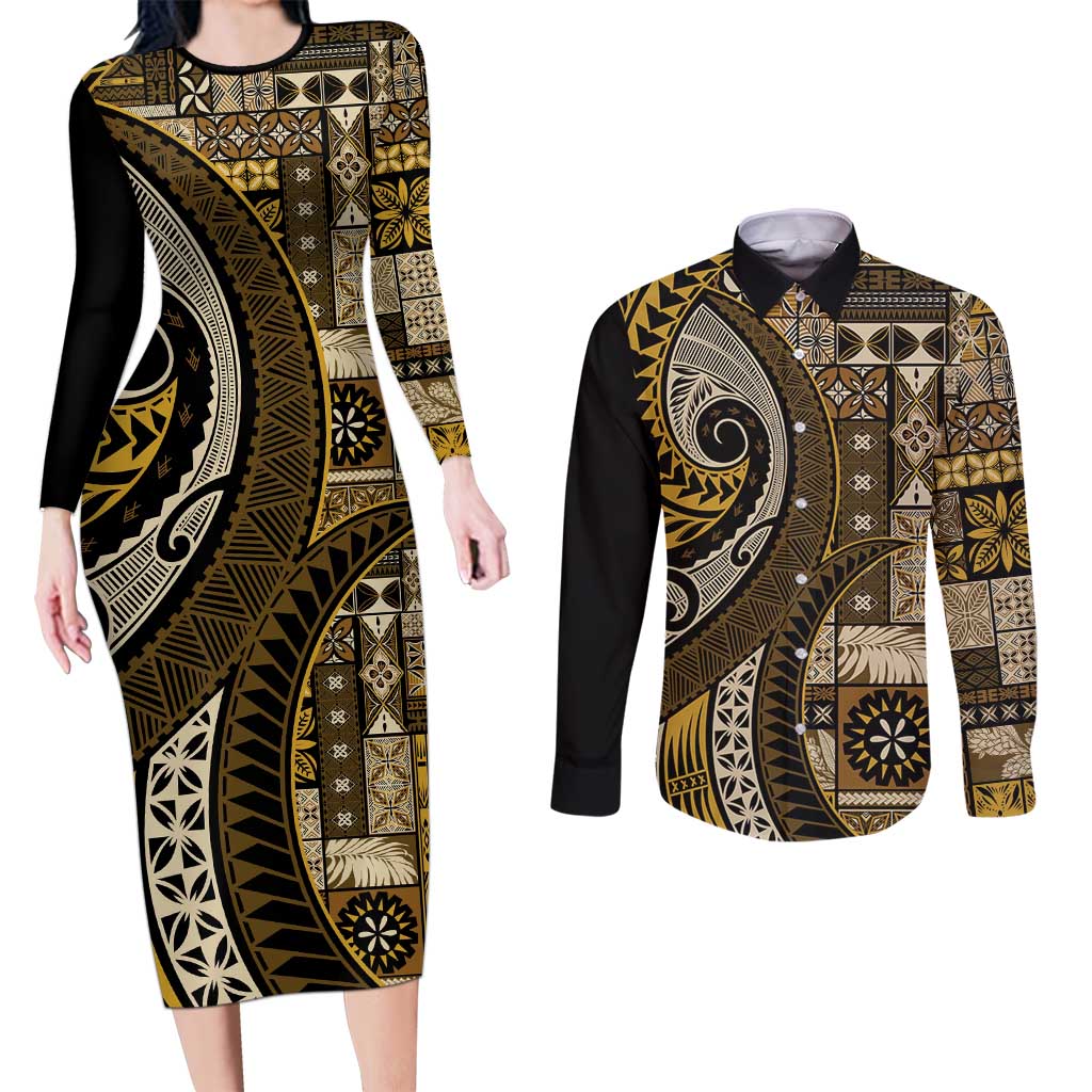 Vintage Samoa Siapo Mamanu Couples Matching Long Sleeve Bodycon Dress and Long Sleeve Button Shirt Gold Samoan Tapa Motif - Polynesian Pride