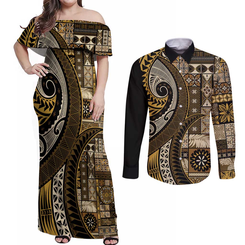 Vintage Samoa Siapo Mamanu Couples Matching Off Shoulder Maxi Dress and Long Sleeve Button Shirt Gold Samoan Tapa Motif - Polynesian Pride