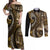 Vintage Samoa Siapo Mamanu Couples Matching Off Shoulder Maxi Dress and Long Sleeve Button Shirt Gold Samoan Tapa Motif - Polynesian Pride