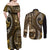 Vintage Samoa Siapo Mamanu Couples Matching Off Shoulder Maxi Dress and Long Sleeve Button Shirt Gold Samoan Tapa Motif - Polynesian Pride