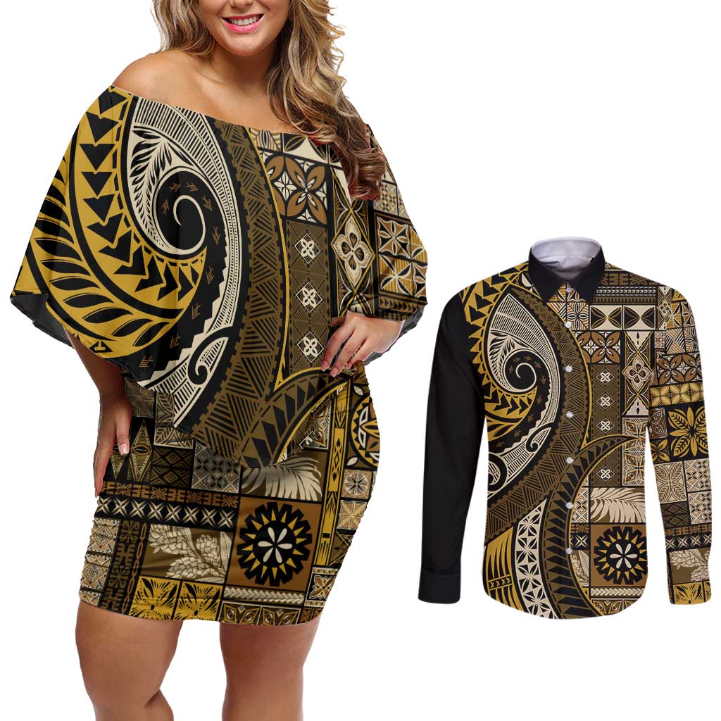 Vintage Samoa Siapo Mamanu Couples Matching Off Shoulder Short Dress and Long Sleeve Button Shirt Gold Samoan Tapa Motif - Polynesian Pride