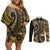 Vintage Samoa Siapo Mamanu Couples Matching Off Shoulder Short Dress and Long Sleeve Button Shirt Gold Samoan Tapa Motif - Polynesian Pride