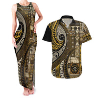 Vintage Samoa Siapo Mamanu Couples Matching Tank Maxi Dress and Hawaiian Shirt Gold Samoan Tapa Motif - Polynesian Pride