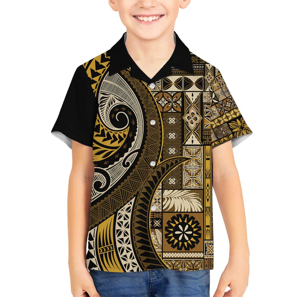 Vintage Samoa Siapo Mamanu Family Matching Long Sleeve Bodycon Dress and Hawaiian Shirt Gold Samoan Tapa Motif - Polynesian Pride