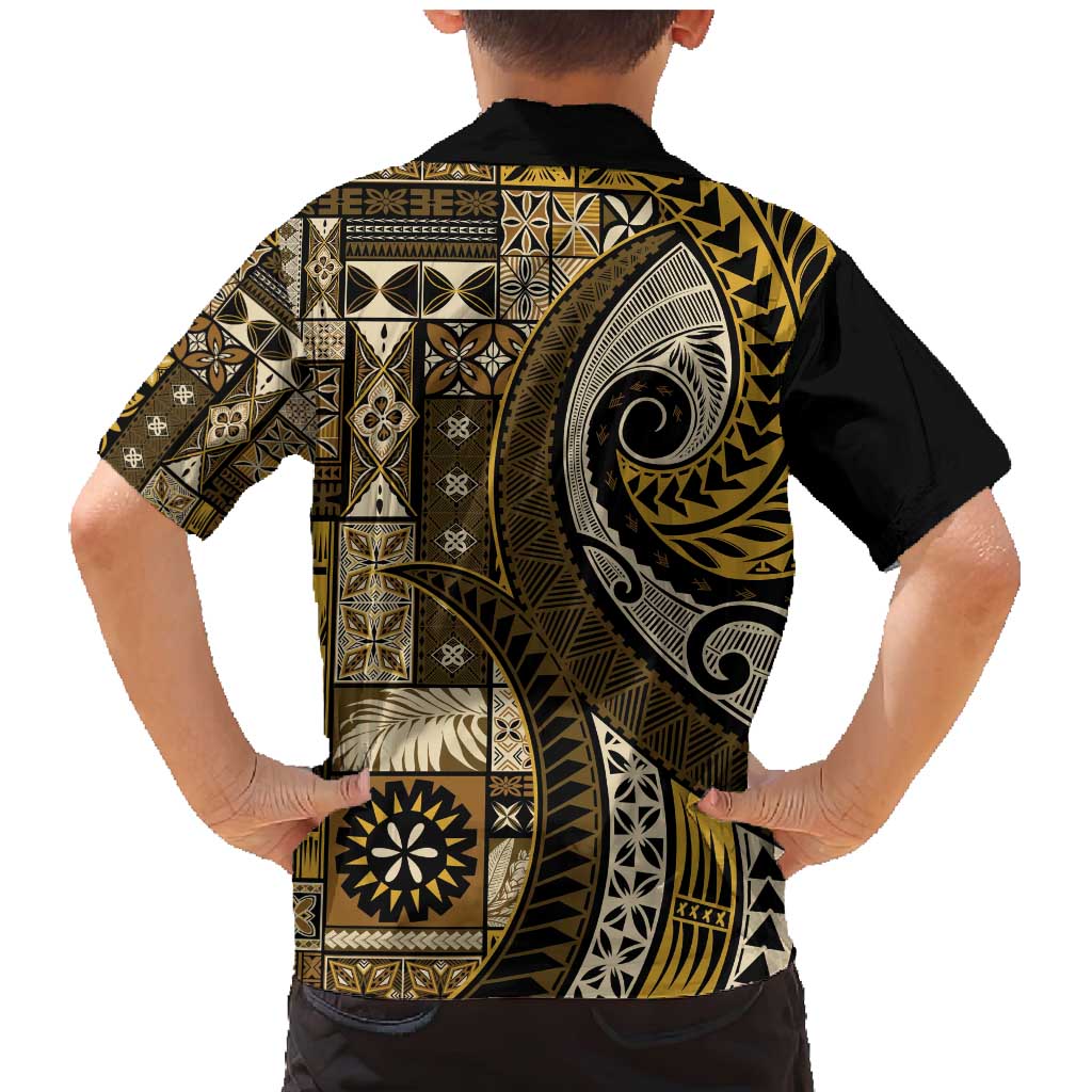 Vintage Samoa Siapo Mamanu Family Matching Mermaid Dress and Hawaiian Shirt Gold Samoan Tapa Motif - Polynesian Pride