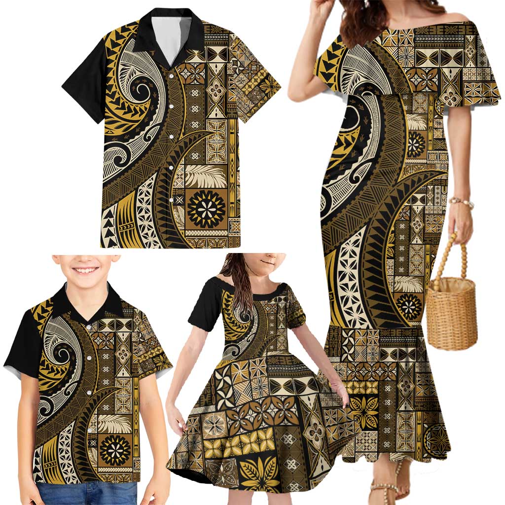 Vintage Samoa Siapo Mamanu Family Matching Mermaid Dress and Hawaiian Shirt Gold Samoan Tapa Motif - Polynesian Pride