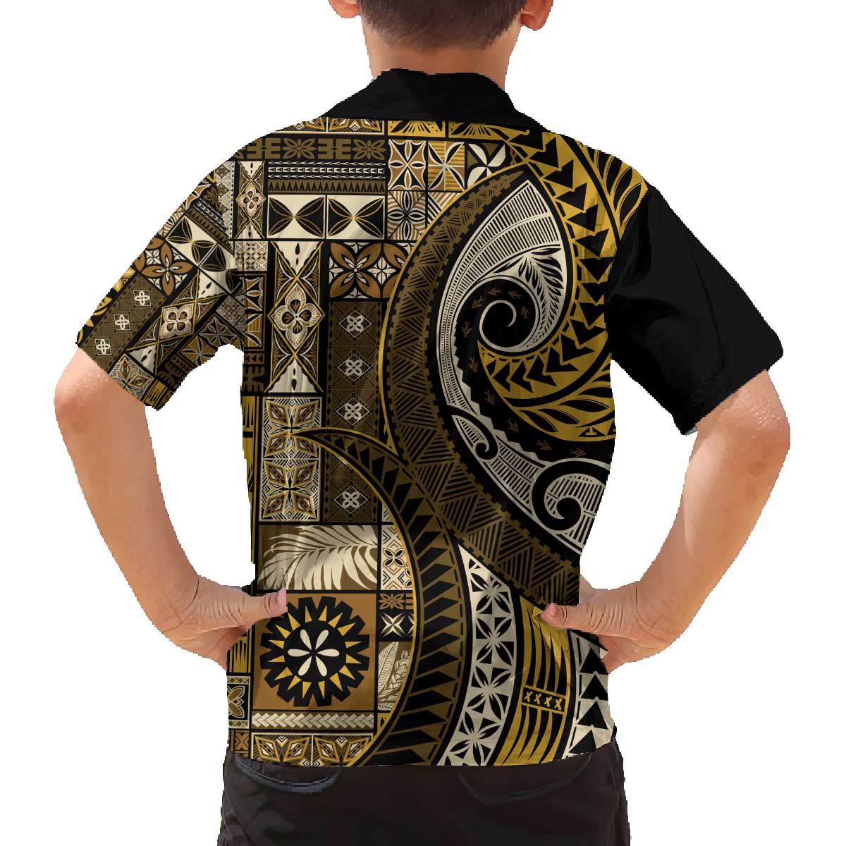 Vintage Samoa Siapo Mamanu Family Matching Off The Shoulder Long Sleeve Dress and Hawaiian Shirt Gold Samoan Tapa Motif - Polynesian Pride