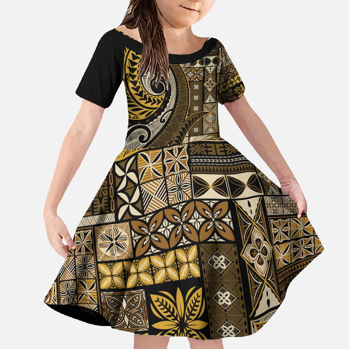 Vintage Samoa Siapo Mamanu Family Matching Off The Shoulder Long Sleeve Dress and Hawaiian Shirt Gold Samoan Tapa Motif - Polynesian Pride