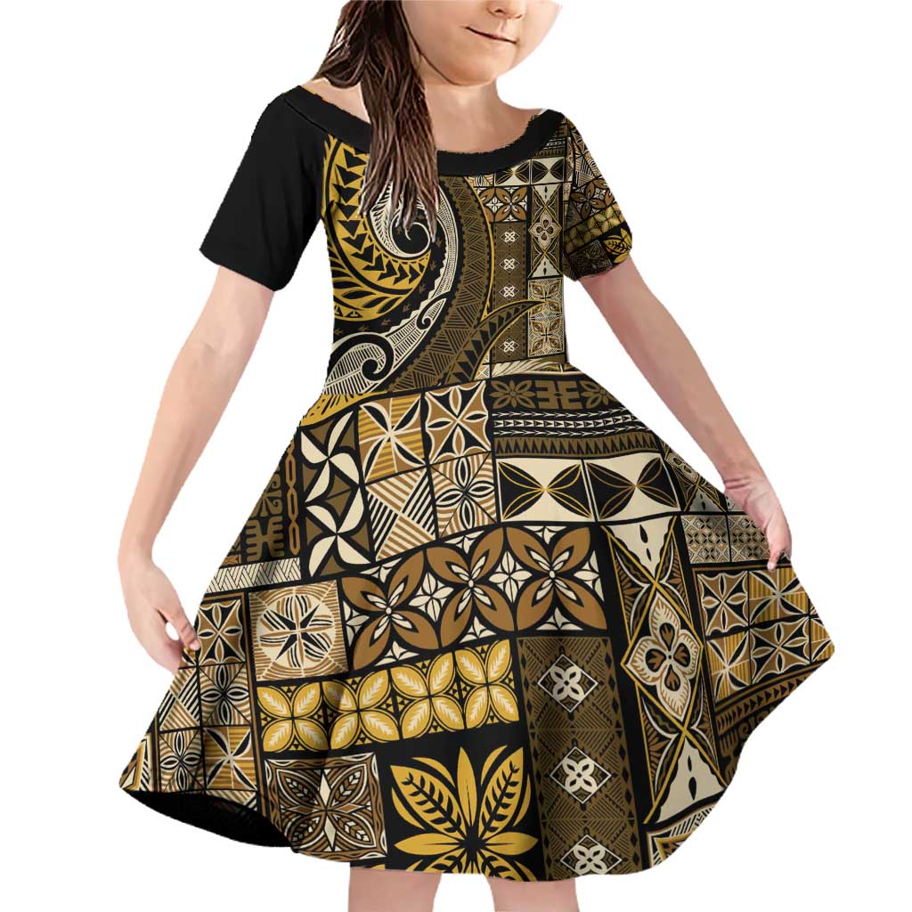 Vintage Samoa Siapo Mamanu Family Matching Off Shoulder Short Dress and Hawaiian Shirt Gold Samoan Tapa Motif - Polynesian Pride