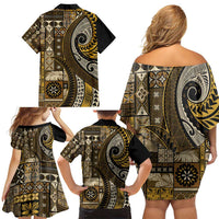 Vintage Samoa Siapo Mamanu Family Matching Off Shoulder Short Dress and Hawaiian Shirt Gold Samoan Tapa Motif - Polynesian Pride