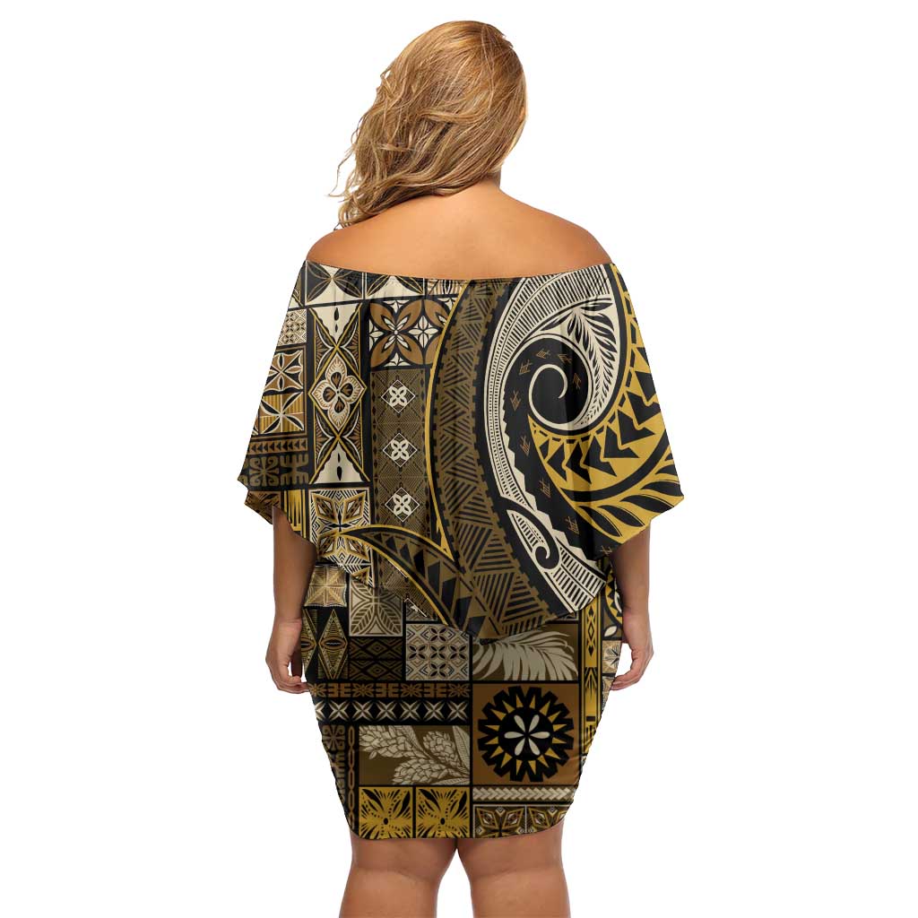 Vintage Samoa Siapo Mamanu Family Matching Off Shoulder Short Dress and Hawaiian Shirt Gold Samoan Tapa Motif - Polynesian Pride