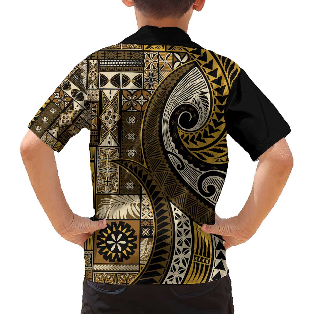 Vintage Samoa Siapo Mamanu Family Matching Puletasi and Hawaiian Shirt Gold Samoan Tapa Motif - Polynesian Pride