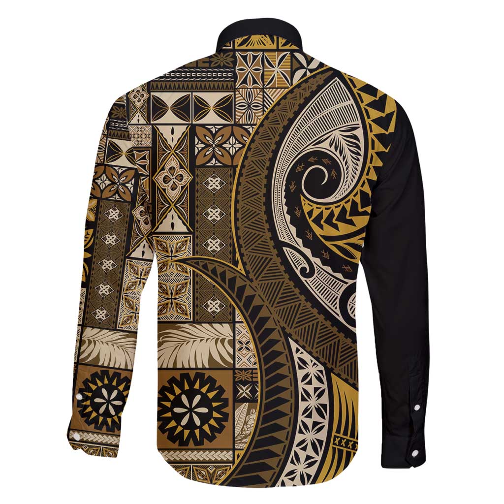 Vintage Samoa Siapo Mamanu Family Matching Puletasi and Hawaiian Shirt Gold Samoan Tapa Motif - Polynesian Pride