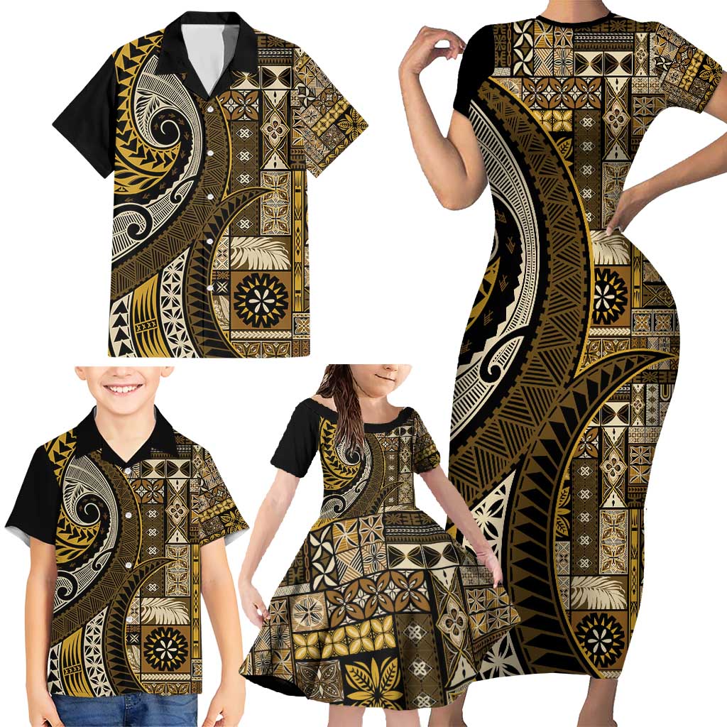 Vintage Samoa Siapo Mamanu Family Matching Short Sleeve Bodycon Dress and Hawaiian Shirt Gold Samoan Tapa Motif - Polynesian Pride