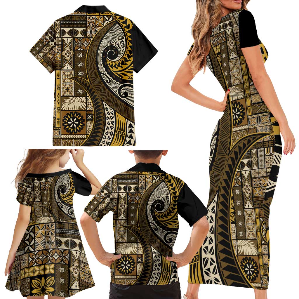 Vintage Samoa Siapo Mamanu Family Matching Short Sleeve Bodycon Dress and Hawaiian Shirt Gold Samoan Tapa Motif - Polynesian Pride
