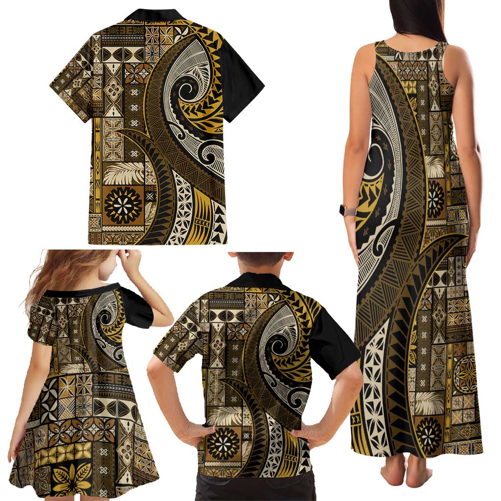 Vintage Samoa Siapo Mamanu Family Matching Tank Maxi Dress and Hawaiian Shirt Gold Samoan Tapa Motif - Polynesian Pride