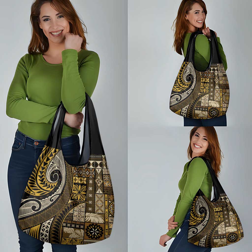 Vintage Samoa Siapo Mamanu Grocery Bag Gold Samoan Tapa Motif - Polynesian Pride