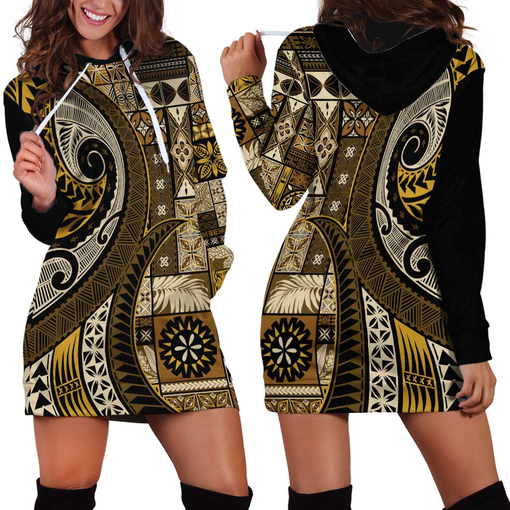 Vintage Samoa Siapo Mamanu Hoodie Dress Gold Samoan Tapa Motif - Polynesian Pride