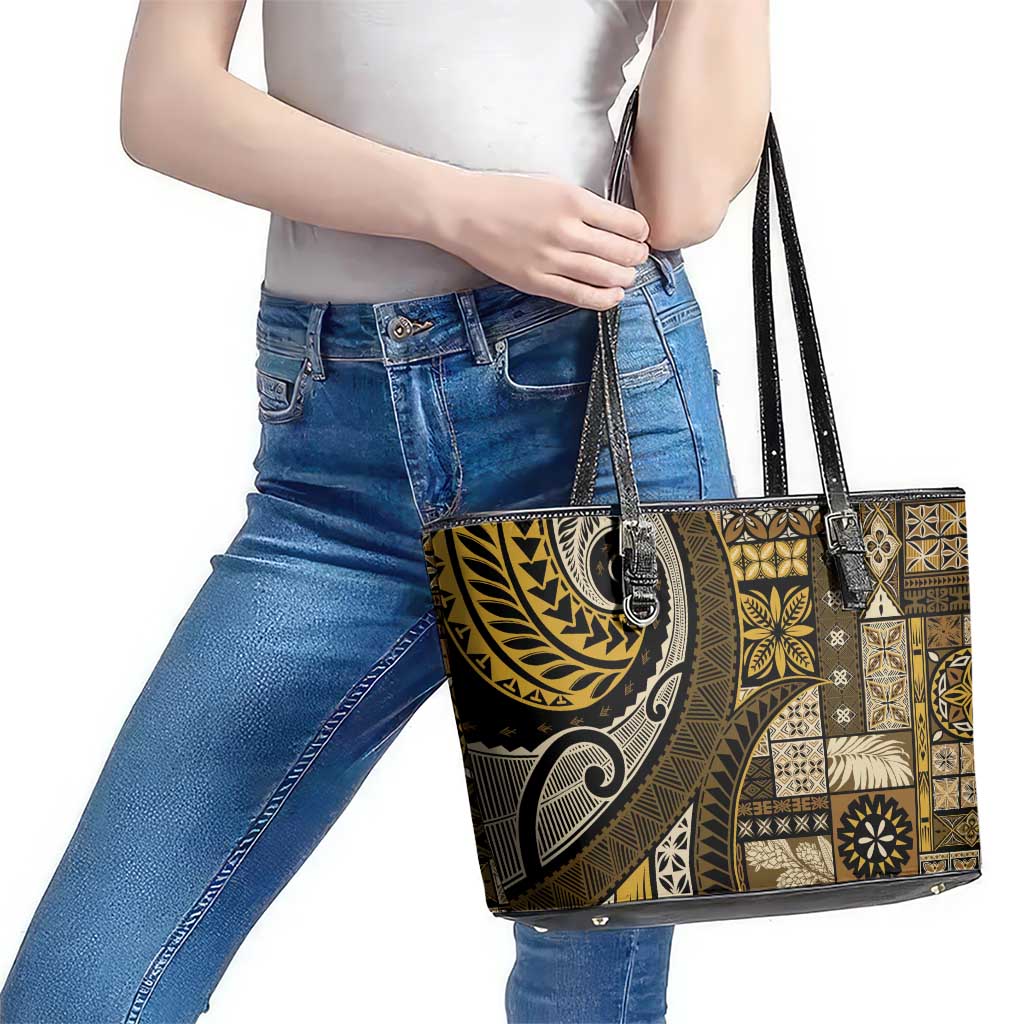 Vintage Samoa Siapo Mamanu Leather Tote Bag Gold Samoan Tapa Motif - Polynesian Pride