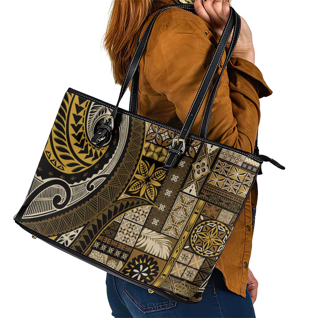 Vintage Samoa Siapo Mamanu Leather Tote Bag Gold Samoan Tapa Motif - Polynesian Pride