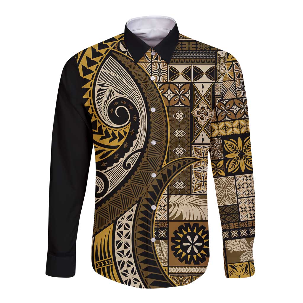 Vintage Samoa Siapo Mamanu Long Sleeve Button Shirt Gold Samoan Tapa Motif - Polynesian Pride