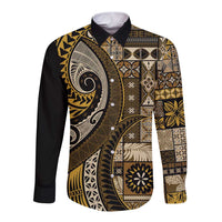 Vintage Samoa Siapo Mamanu Long Sleeve Button Shirt Gold Samoan Tapa Motif - Polynesian Pride
