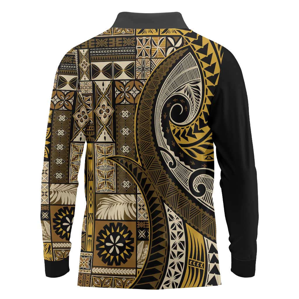 Vintage Samoa Siapo Mamanu Long Sleeve Polo Shirt Gold Samoan Tapa Motif - Polynesian Pride