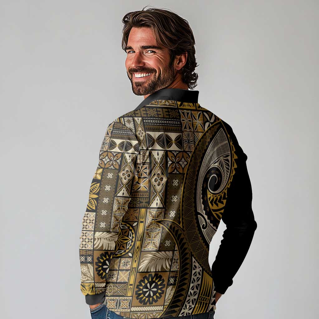 Vintage Samoa Siapo Mamanu Long Sleeve Polo Shirt Gold Samoan Tapa Motif - Polynesian Pride