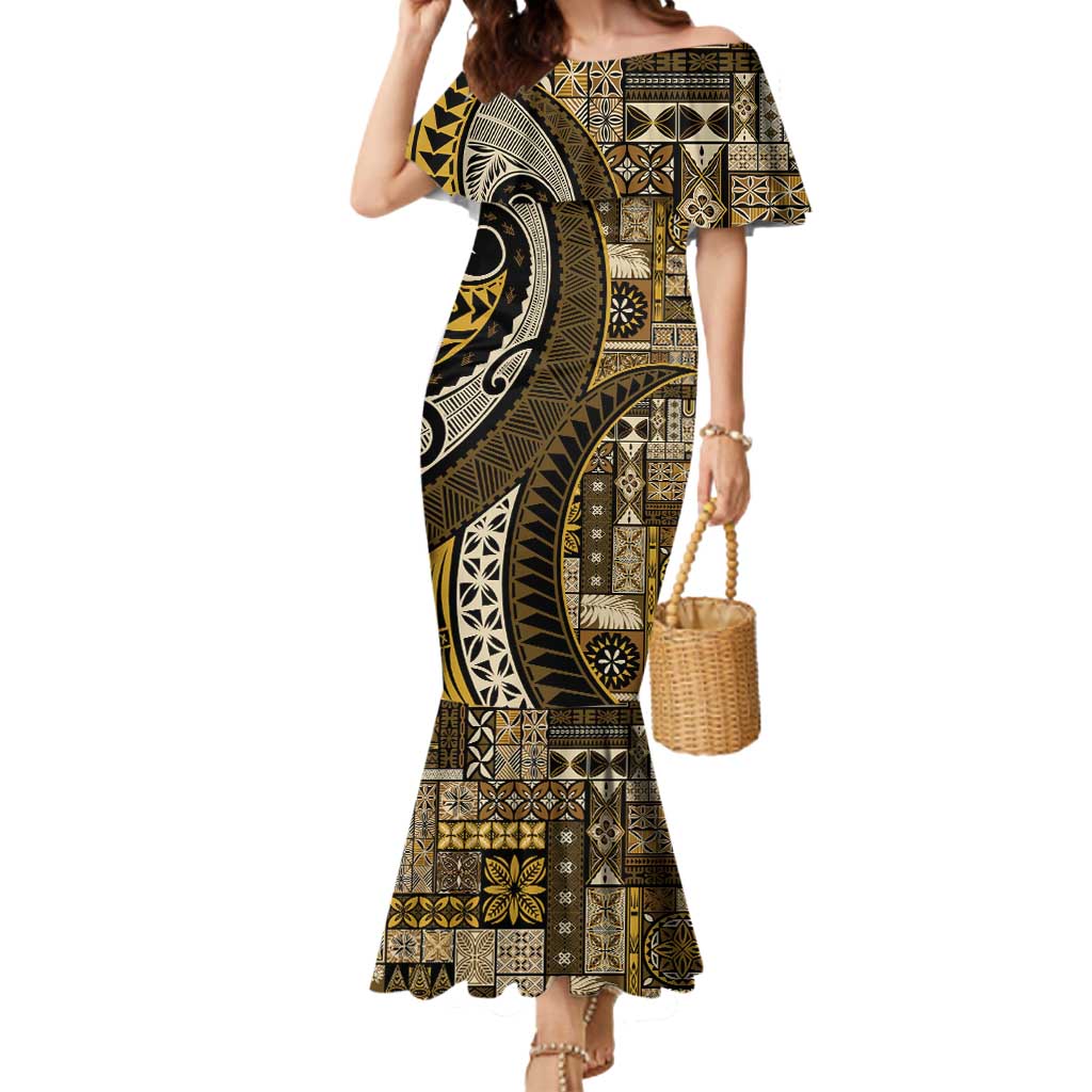 Vintage Samoa Siapo Mamanu Mermaid Dress Gold Samoan Tapa Motif - Polynesian Pride