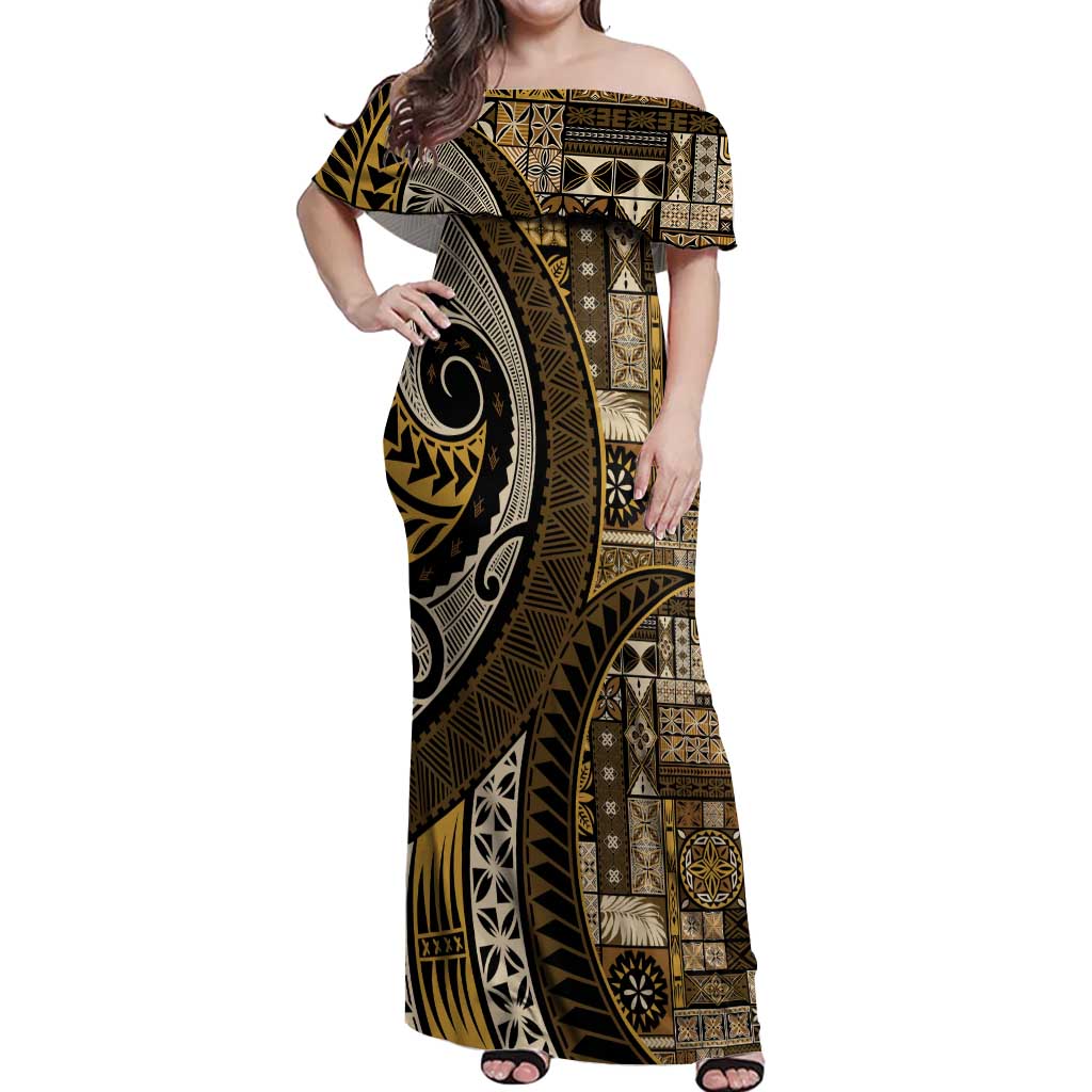 Vintage Samoa Siapo Mamanu Off Shoulder Maxi Dress Gold Samoan Tapa Motif - Polynesian Pride