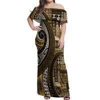 Vintage Samoa Siapo Mamanu Off Shoulder Maxi Dress Gold Samoan Tapa Motif - Polynesian Pride