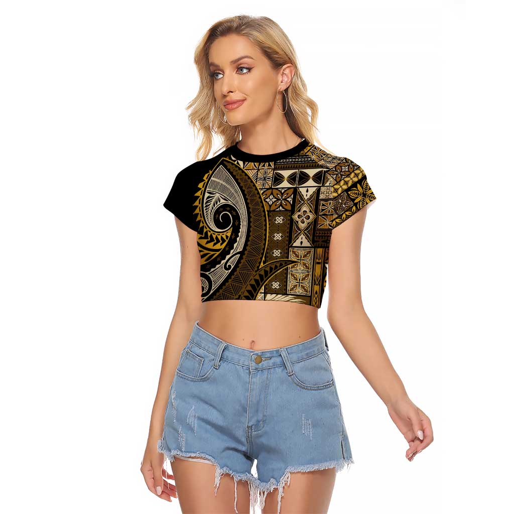 Vintage Samoa Siapo Mamanu Raglan Cropped T Shirt Gold Samoan Tapa Motif - Polynesian Pride