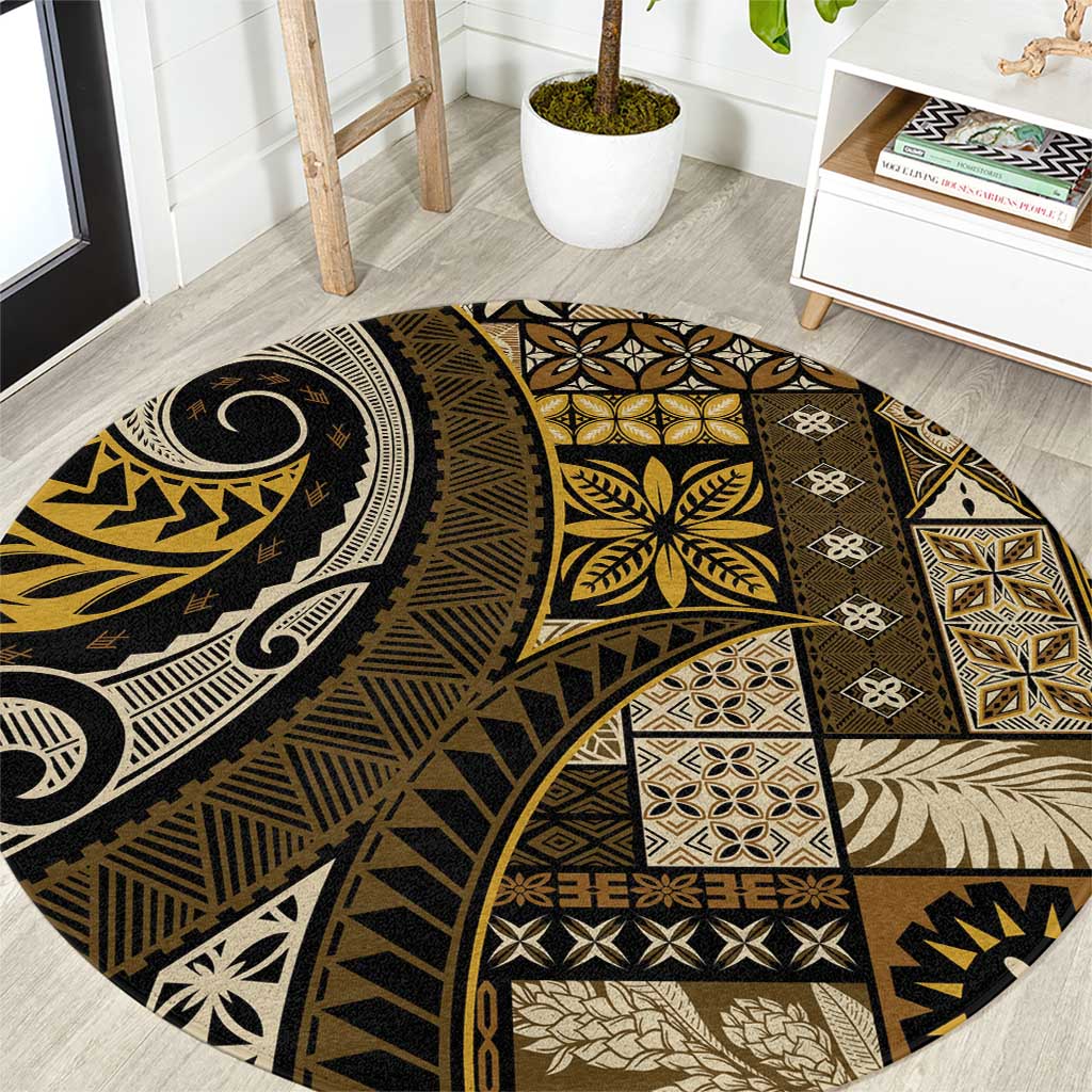 Vintage Samoa Siapo Mamanu Round Carpet Gold Samoan Tapa Motif - Polynesian Pride