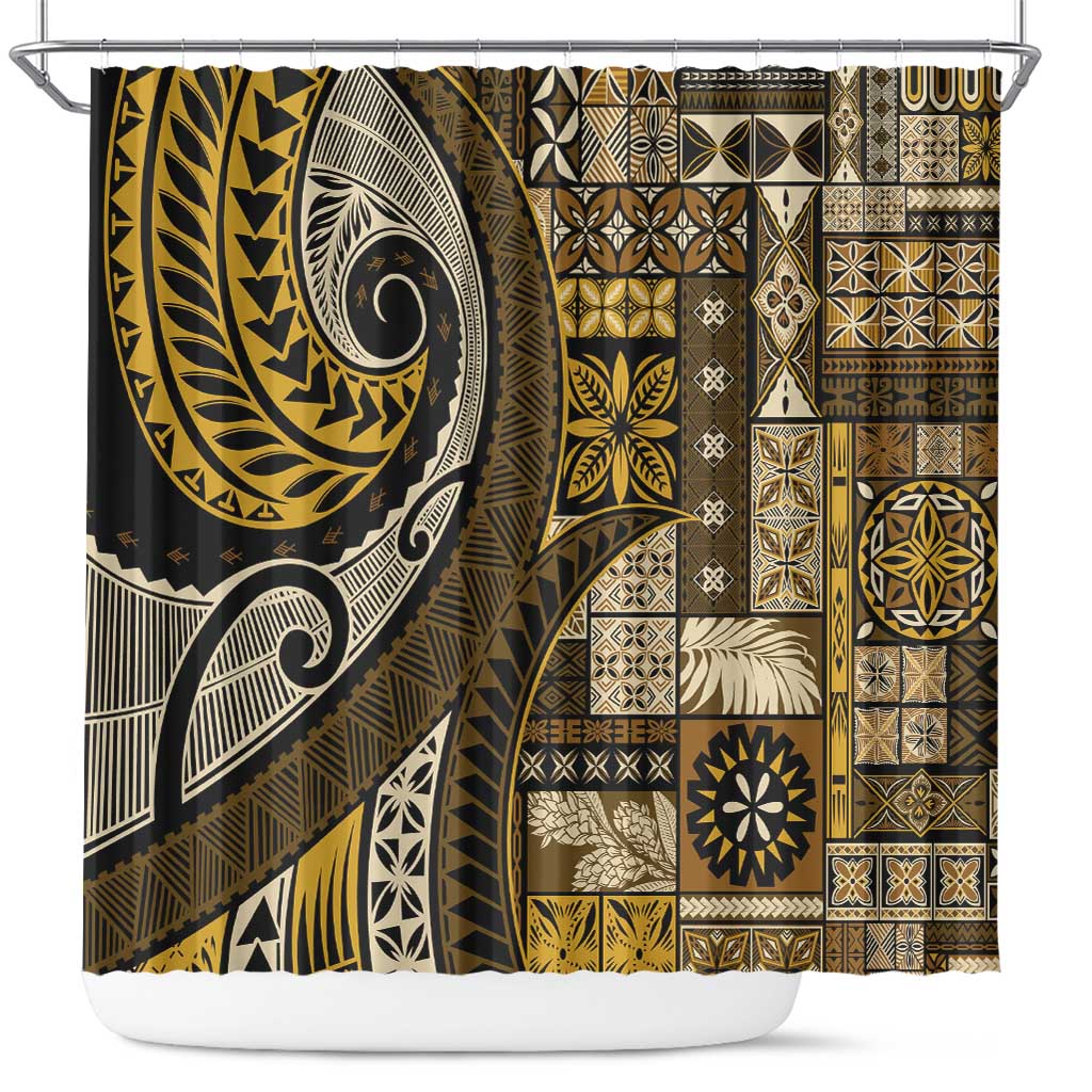 Vintage Samoa Siapo Mamanu Shower Curtain Gold Samoan Tapa Motif - Polynesian Pride