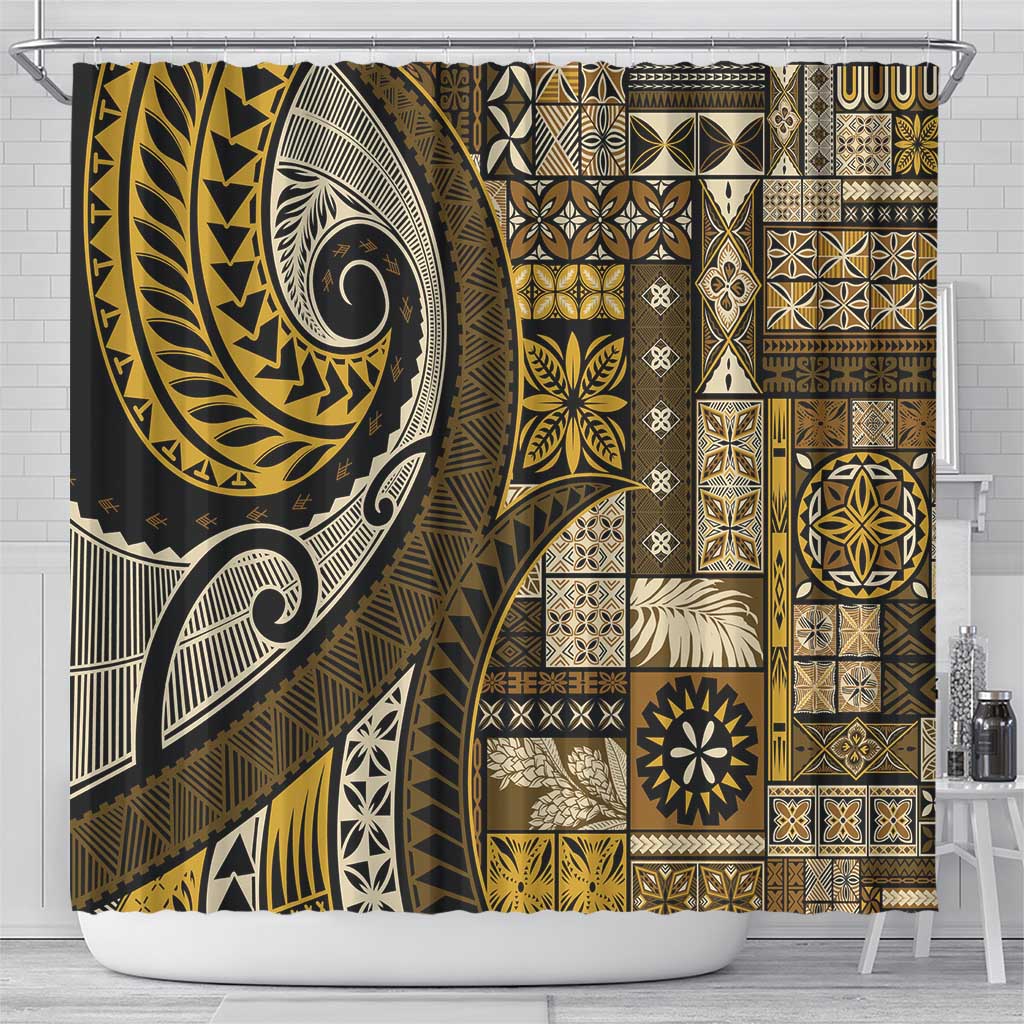Vintage Samoa Siapo Mamanu Shower Curtain Gold Samoan Tapa Motif - Polynesian Pride