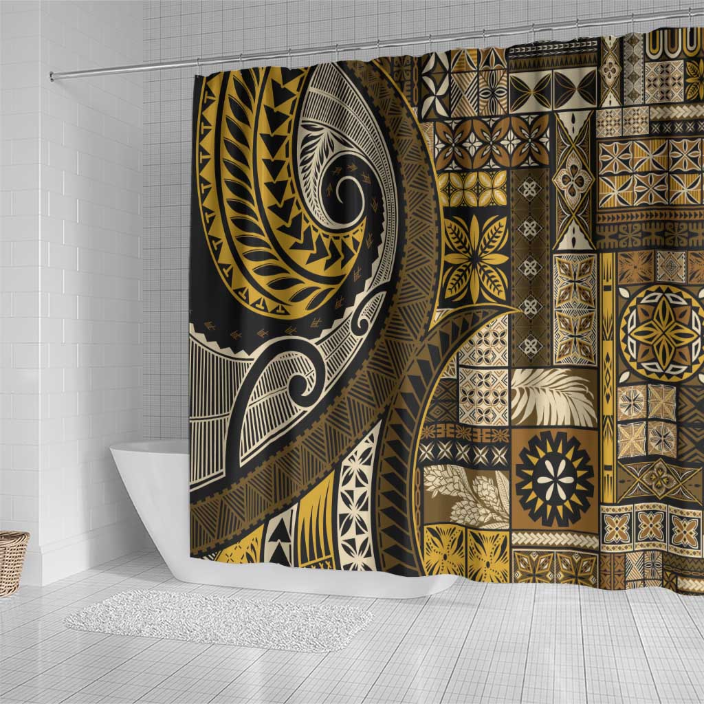 Vintage Samoa Siapo Mamanu Shower Curtain Gold Samoan Tapa Motif - Polynesian Pride