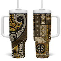 Vintage Samoa Siapo Mamanu Tumbler With Handle Gold Samoan Tapa Motif - Polynesian Pride