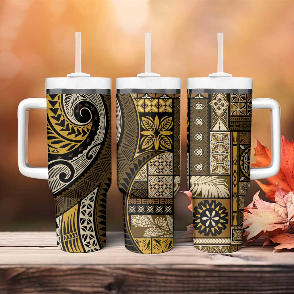 Vintage Samoa Siapo Mamanu Tumbler With Handle Gold Samoan Tapa Motif - Polynesian Pride
