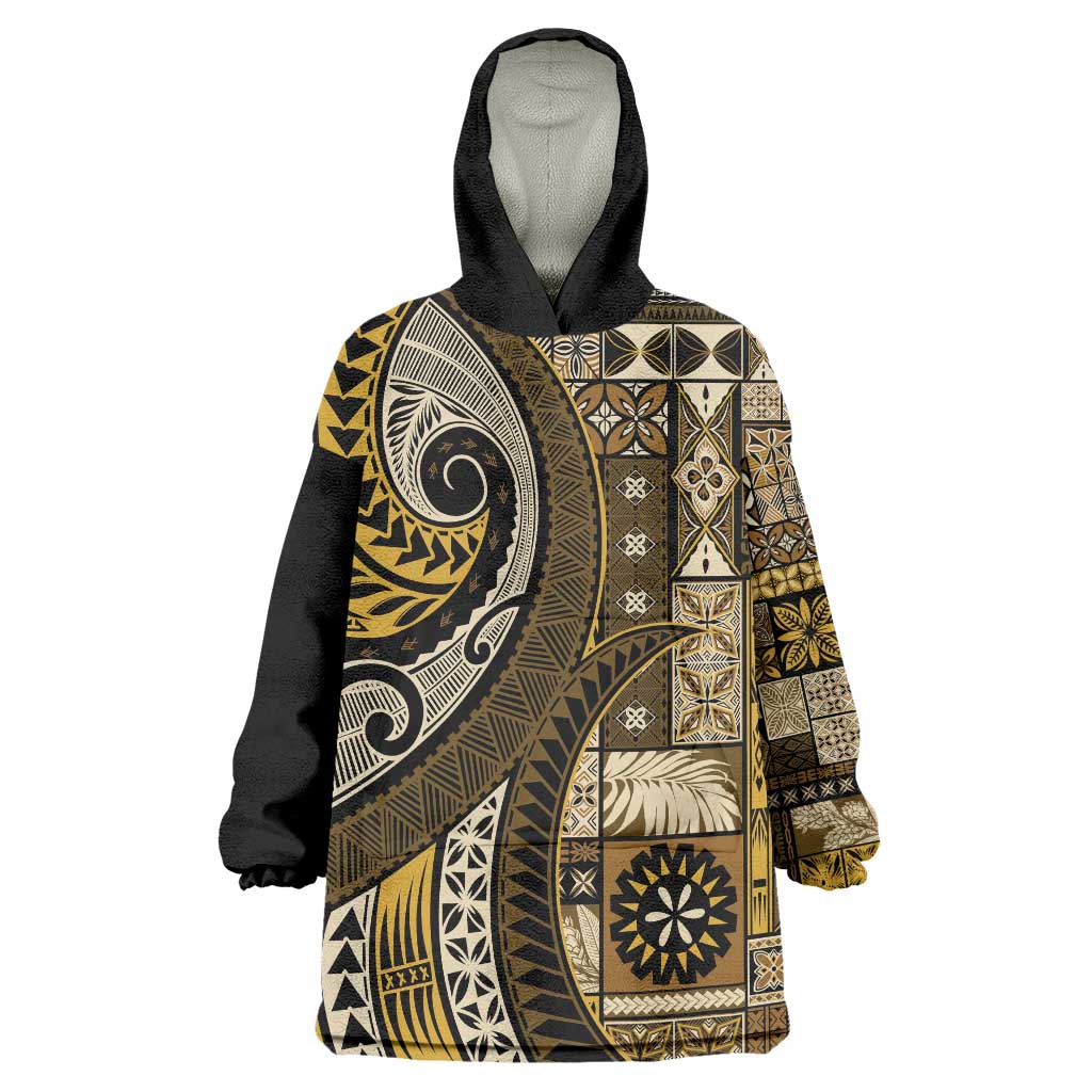 Vintage Samoa Siapo Mamanu Wearable Blanket Hoodie Gold Samoan Tapa Motif - Polynesian Pride
