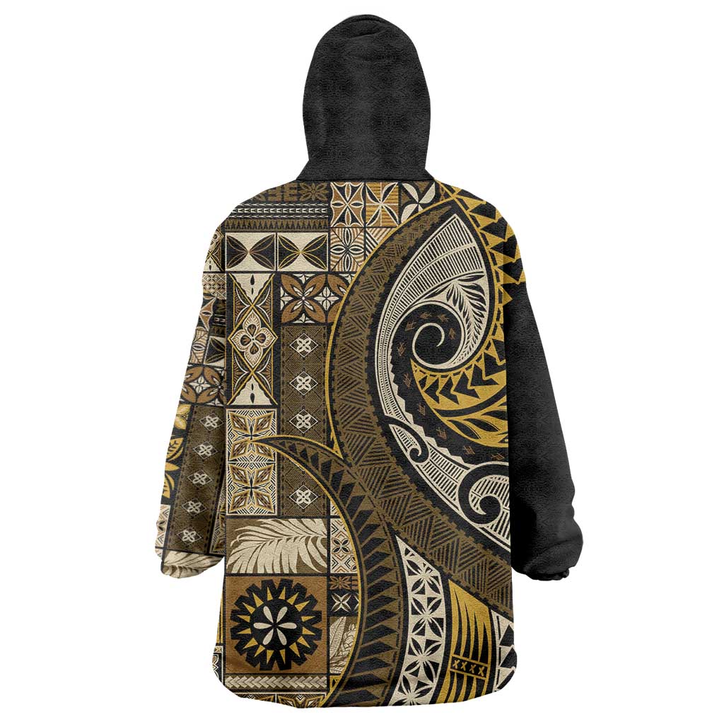Vintage Samoa Siapo Mamanu Wearable Blanket Hoodie Gold Samoan Tapa Motif - Polynesian Pride