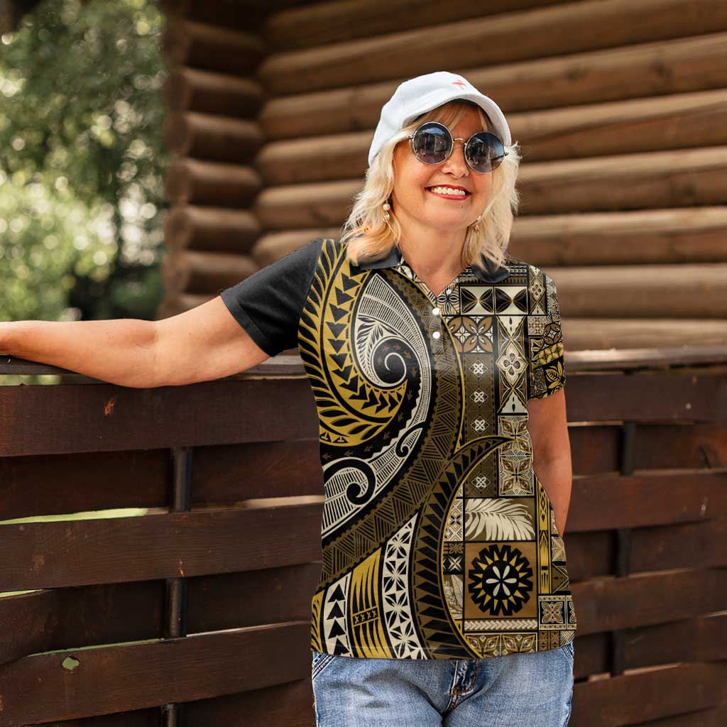 Vintage Samoa Siapo Mamanu Women Polo Shirt Gold Samoan Tapa Motif - Polynesian Pride