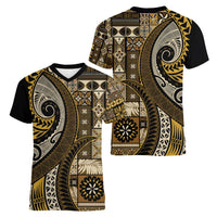 Vintage Samoa Siapo Mamanu Women V-Neck T-Shirt Gold Samoan Tapa Motif - Polynesian Pride