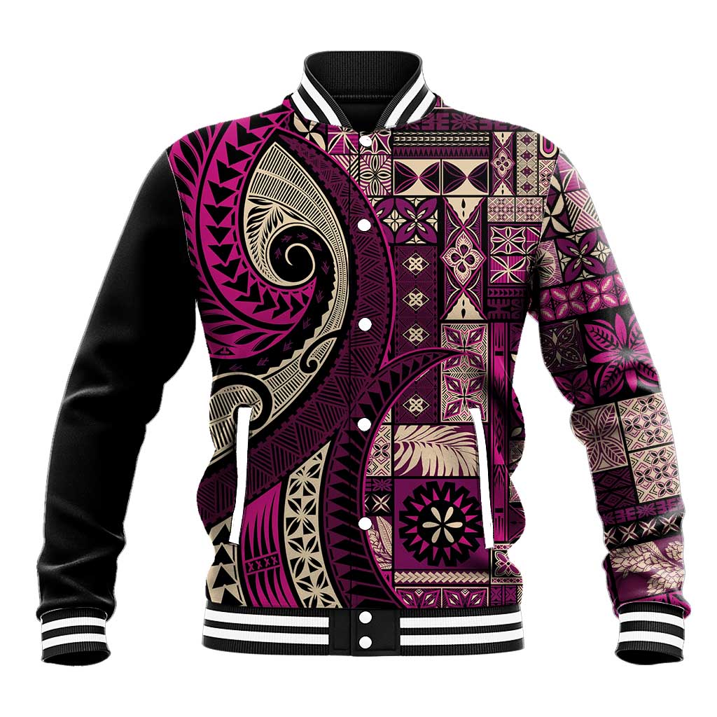Vintage Samoa Siapo Mamanu Baseball Jacket Pink Samoan Tapa Motif - Polynesian Pride