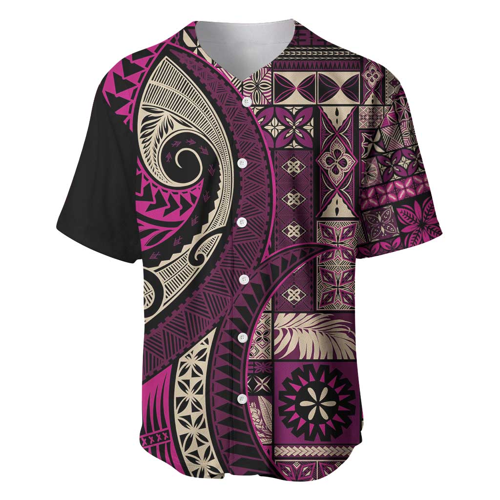 Vintage Samoa Siapo Mamanu Baseball Jersey Pink Samoan Tapa Motif - Polynesian Pride