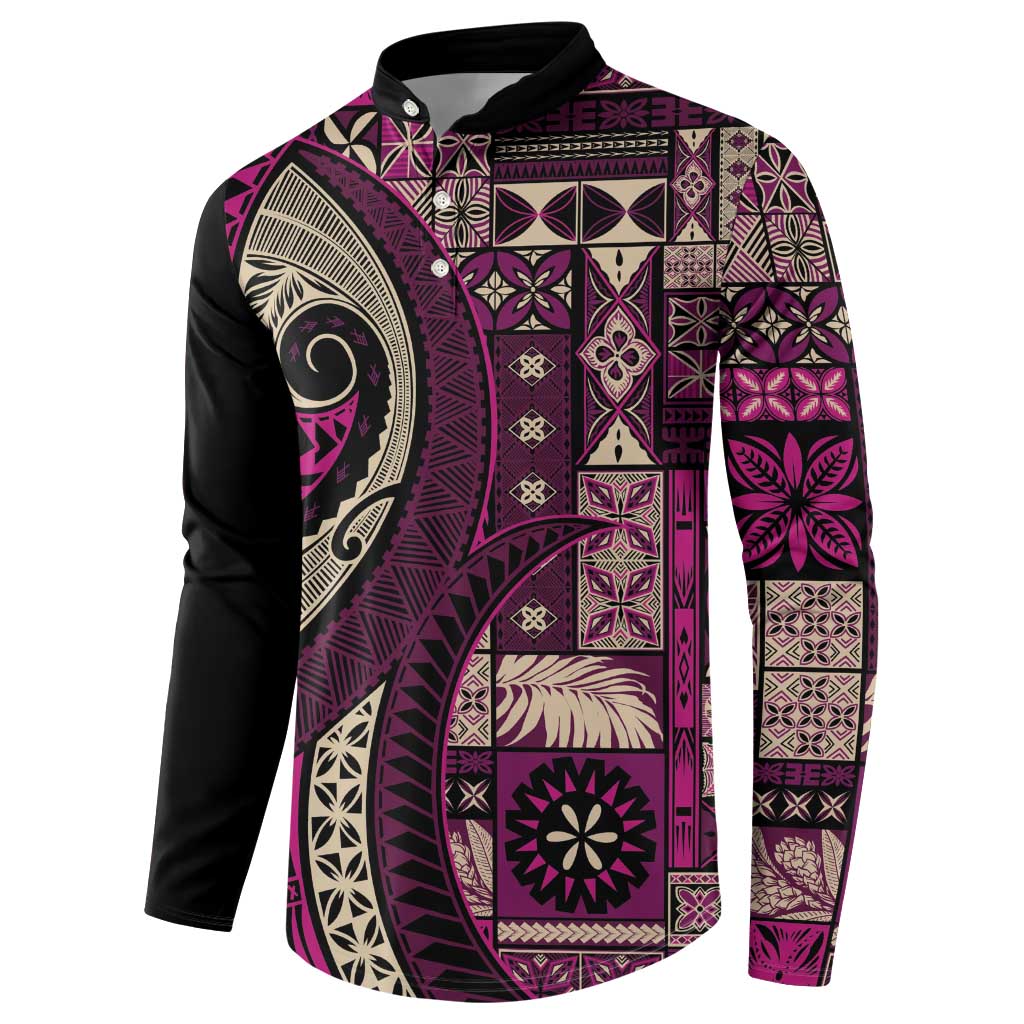 Vintage Samoa Siapo Mamanu Button Sweatshirt Pink Samoan Tapa Motif - Polynesian Pride