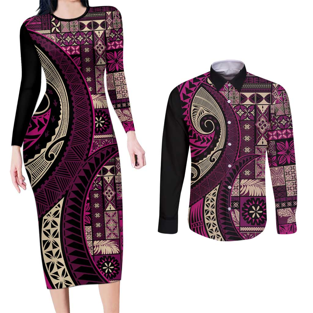 Vintage Samoa Siapo Mamanu Couples Matching Long Sleeve Bodycon Dress and Long Sleeve Button Shirt Pink Samoan Tapa Motif - Polynesian Pride