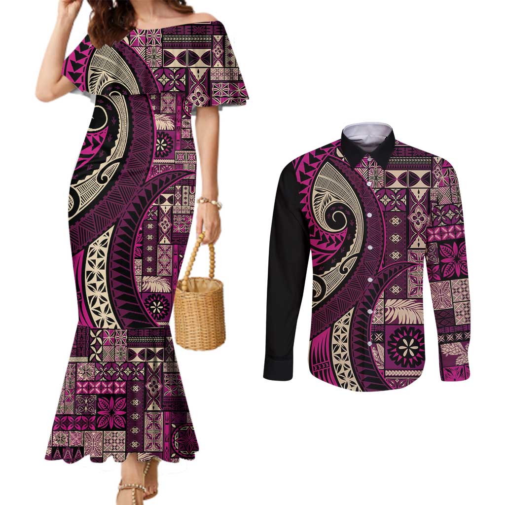 Vintage Samoa Siapo Mamanu Couples Matching Mermaid Dress and Long Sleeve Button Shirt Pink Samoan Tapa Motif - Polynesian Pride